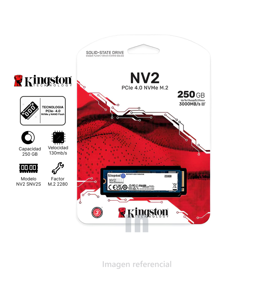 Unidad en estado sólido Kingston NV2 NVMe PCIe 4.0 250GB (SNV2S/250G).