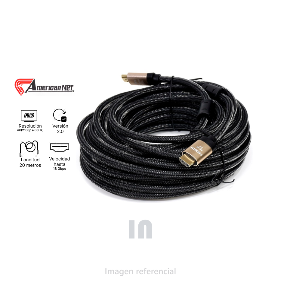 Cable Hdmi 2.0 4k Ultra Hd American Net 3D, 20MTS Metros 2160p Enmallado. 