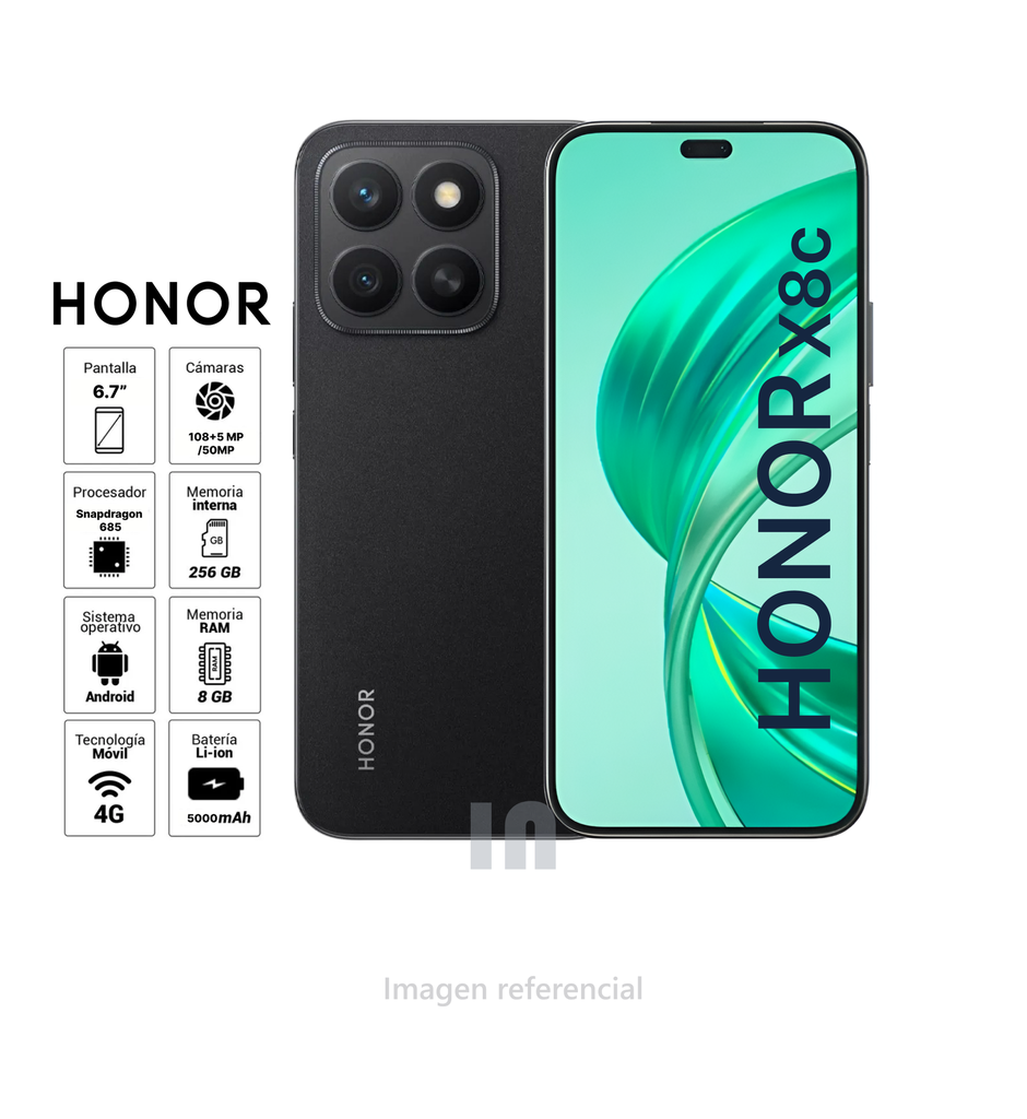 Smartphone Honor X8c 8GB RAM, 256GB ROM, Batería 5000 mAh, Tamaño de pantalla 6.7 pulgadas, Dual Sim.