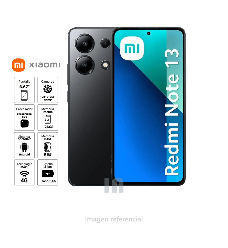 Xiaomi Redmi Note 13, 8GB RAM, 128GB ROM, Pantalla 6.67 Camara principal 108MP,Capacidad 5000mAh, Midnight Black.