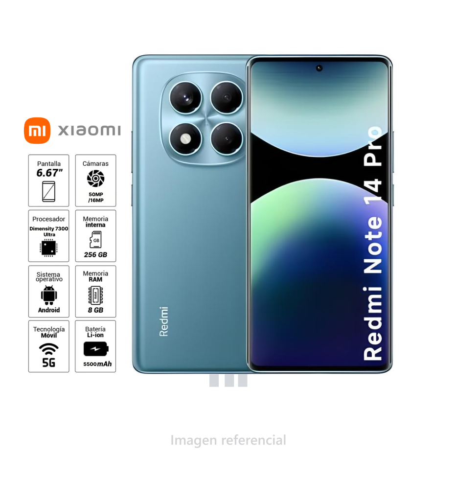 Celular Redmi Note 14 Pro, 6,67", 50 MP, 8 GB de RAM, 256 GB de ROM, Dimensity 7300 Ultra, 5500 mAh