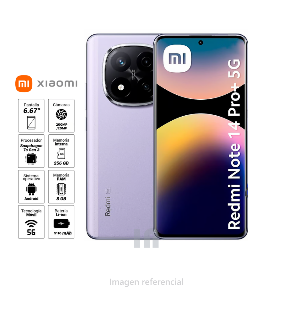 Xiaomi Redmi Note 14 Pro+ 5G, 8 GB RAM, 256 GB ROM, Cámara AI 200 MP, HyperCharge 120W, Batería 5110 mAh.