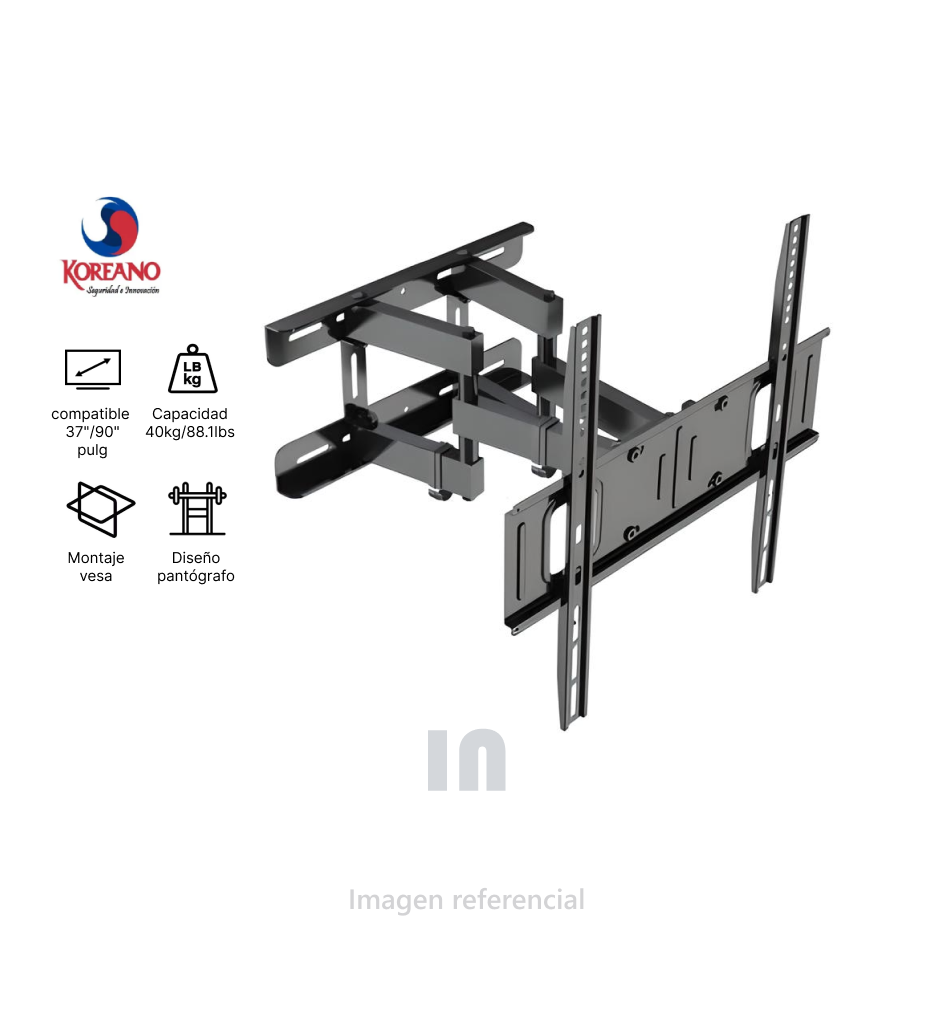 Rack para TV tipo pantógrafo se adapta para TVS planos y curvos de “37 a 90” pulgadas, soporta hasta 40 Kg / 88.1LBS, Koreano.