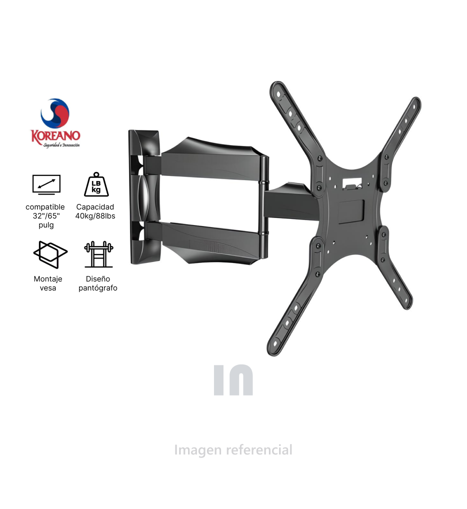 Rack para TV tipo pantógrafo se adapta para TVS planos y curvos de “32 a 65” pulgadas, soporta hasta 40 Kg / 88LBS, Koreakno.