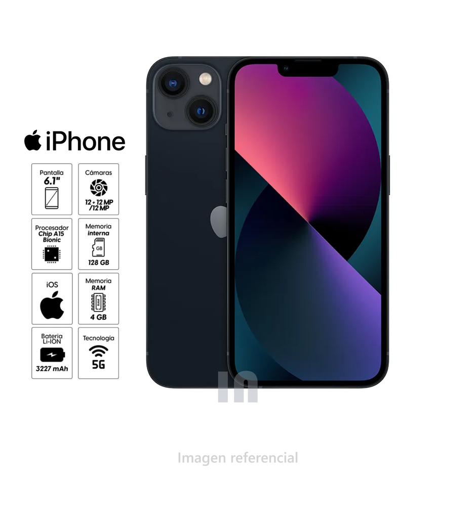 Celular Apple iPhone 13, 6.1” Super Retina XDR, 4GB RAM, 128GB ROM, Cámara 12MP, HDR Dolby Vision 4K.