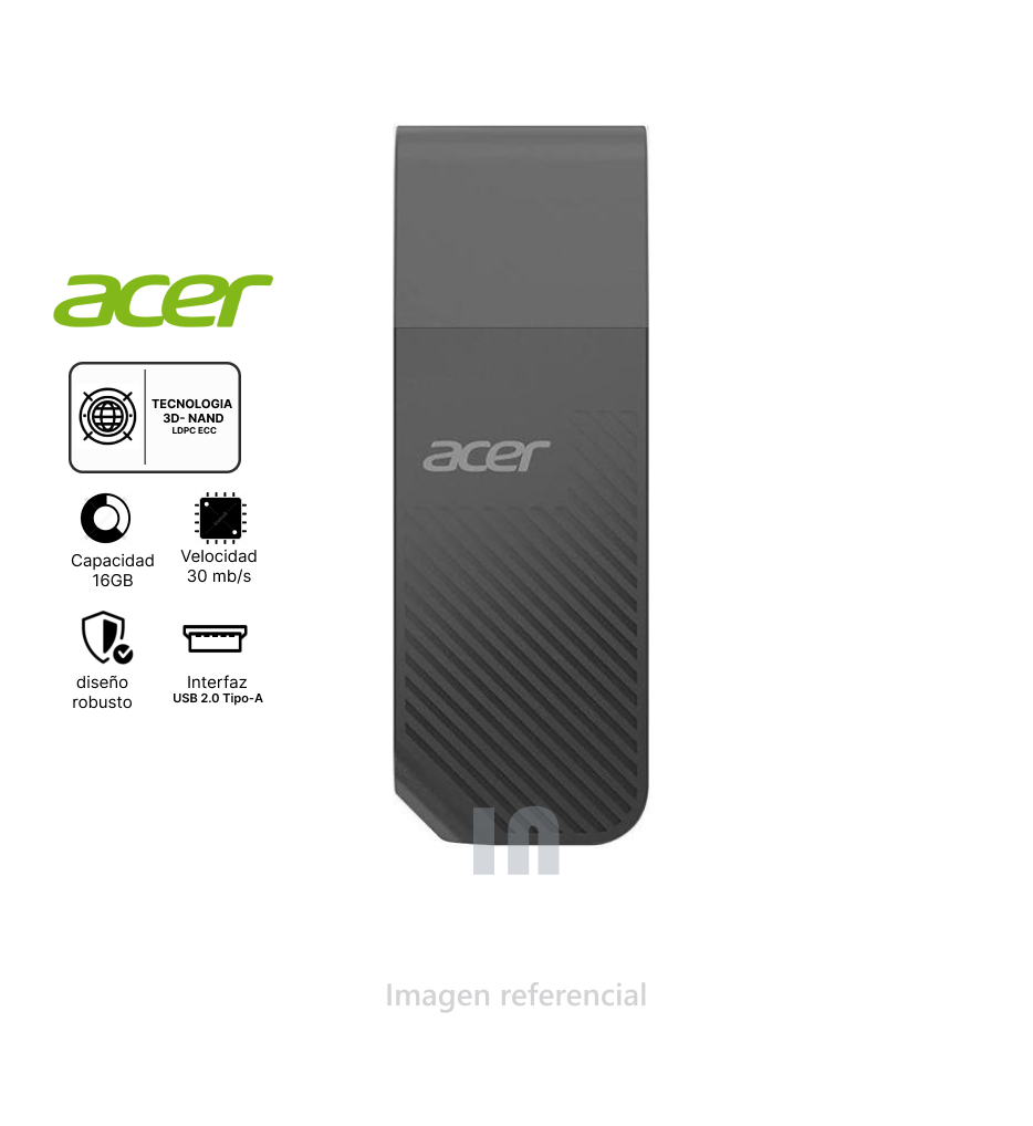 Memoria USB Acer UP200 16GB - USB 2.0, Velocidad de Lectura 30MB/s, Escritura 15MB/s, Negro