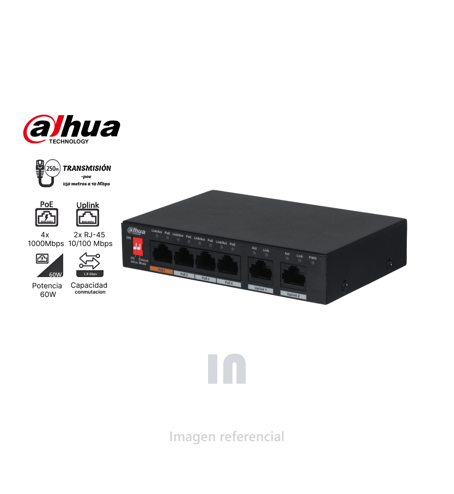 Switch Dahua PFS3006-4ET-60 - 4 Puertos PoE 10/100Mbps, 2 Uplink, 60W, No Administrable, Capa 2