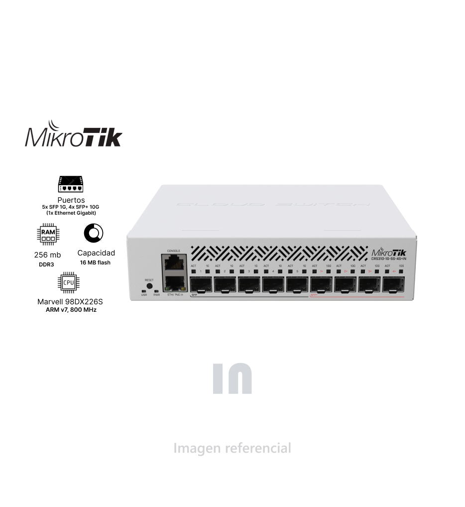 MikroTik CRS310-1G-5S-4S+IN, Switch Indoor con 5 Puertos SFP 1G y 4 Puertos SFP+ 10G.