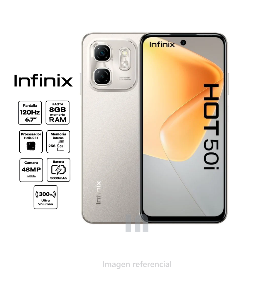 Celular Infinix HOT 50i 256GB, 8GB RAM, Cámara 48MP, Helio G81, 6.7" HD+, Gris Titanio