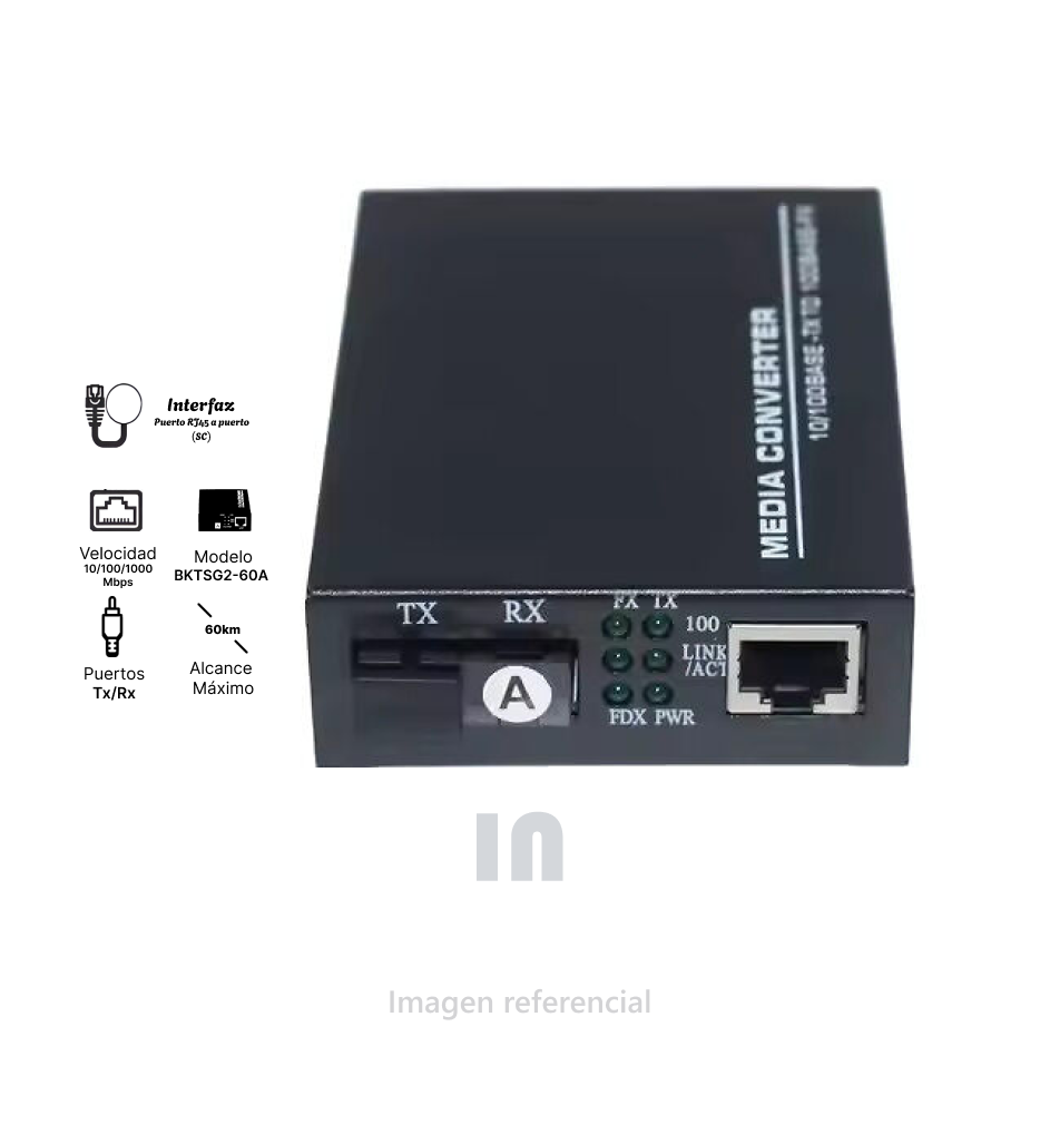 Media converter (BKTSG2-60A) BKTELL 10/100/1000 single fiber/single mode SC Tx1490nm Rx1550nm, 60km, negro, BKTELL.