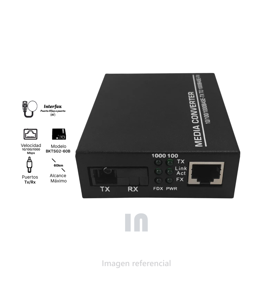 Media converter (BKTSG2-60B) BKTELL 10/100/1000 single fiber/single mode SC Tx1550nm Rx1490nm, 60km, negro, BKTELL.