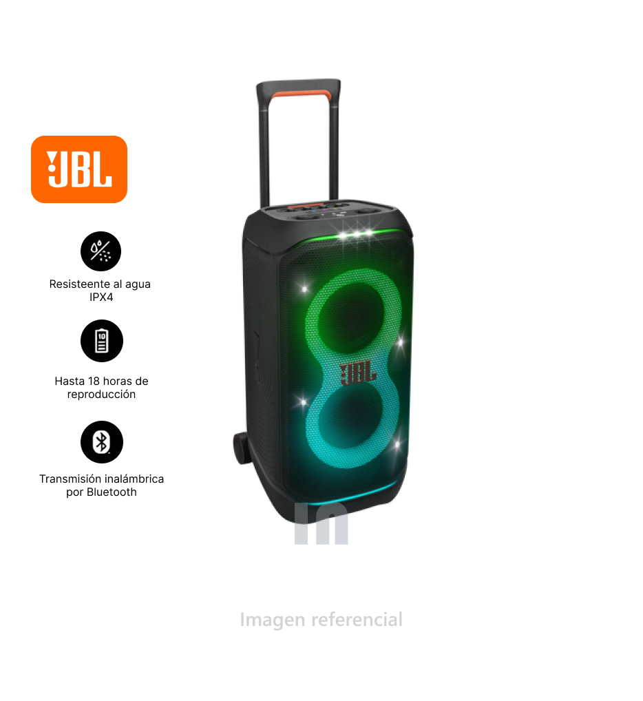 Parlante bluetooth JBL PartyBox Stage 320 potencia 240W, resistente al agua IPX4, batería hasta 18 horas, con luces , negro.