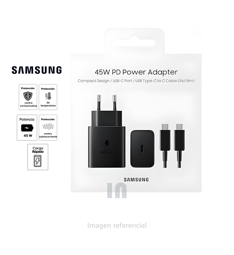 CARGADOR DE PARED SAMSUNG USB TIPO-C 45W, NEGRO + CABLE TIPO-C A TIPO-C, 1.8M.