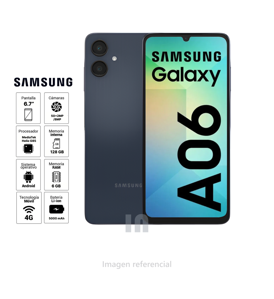 SMARTPHONE SAMSUNG GALAXY A06, PANTALLA DE 6.7 PULG, PROCESADOR Helio G85, ROM DE 6GB, ROM DE 128GB, CAMARA 50MP, 2MP, FRONTAL 8MP.