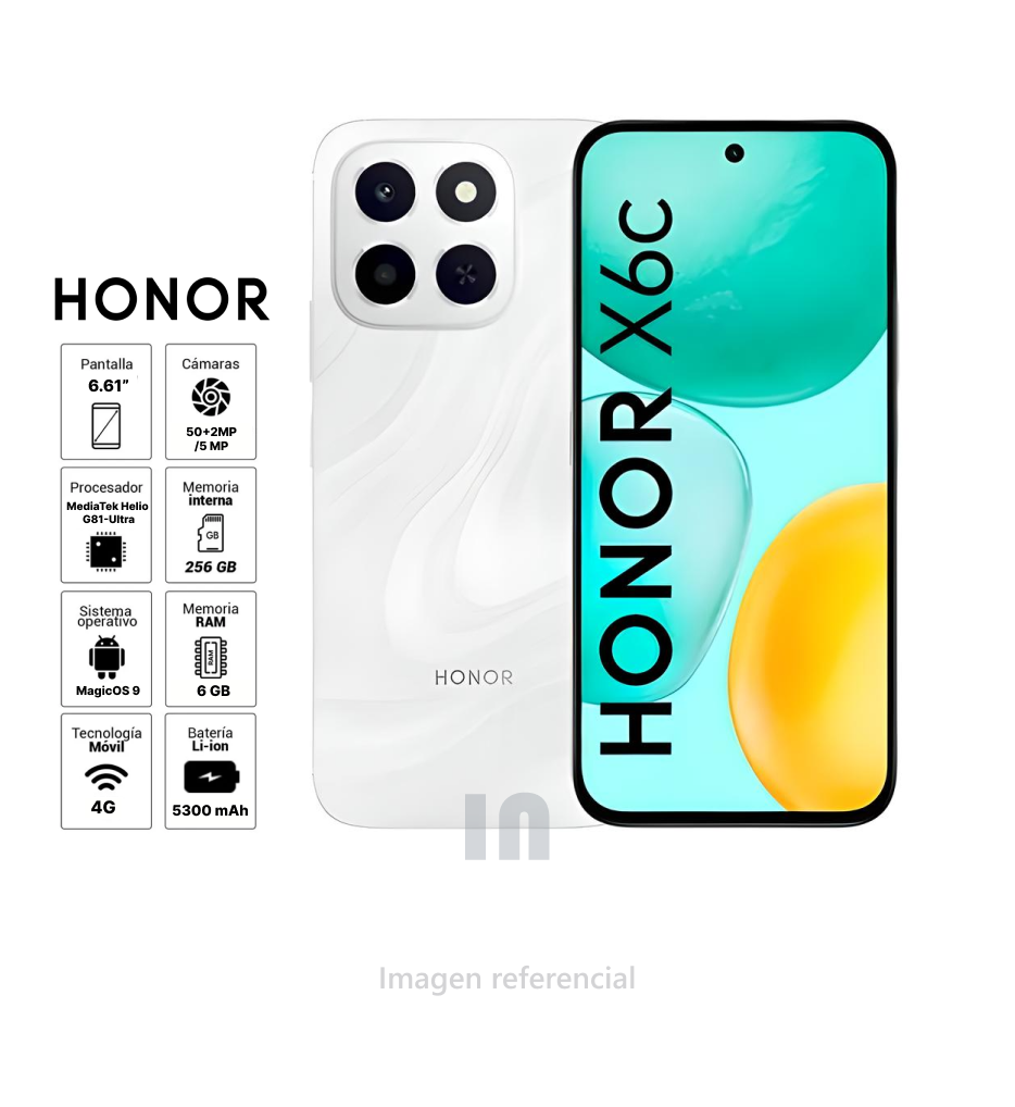 Celular HONOR X6C – Pantalla 6.61", Helio G81 Ultra, 6GB RAM, 256GB ROM, Cámara 50MP
