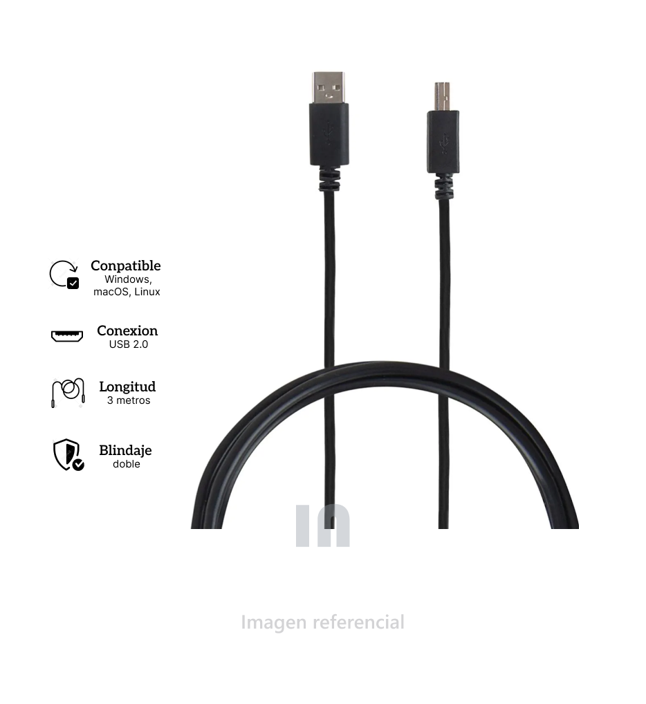 CABLE USB 2.0 PARA IMPRESORA 3 METROS, NEGRO.