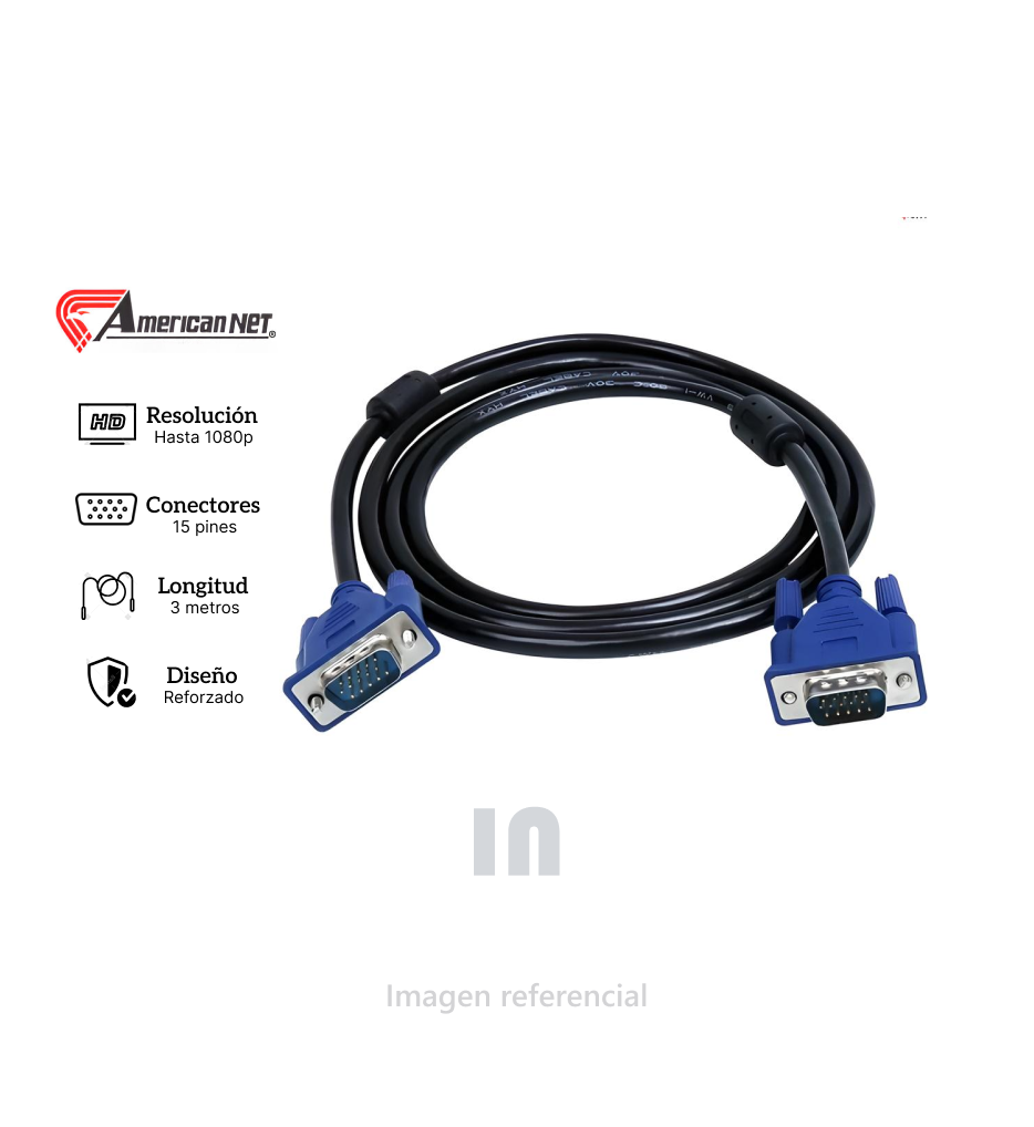 Cable vga de 3m, cabeza azul (GP-070( 3M)), cable reforzado, negro azul.