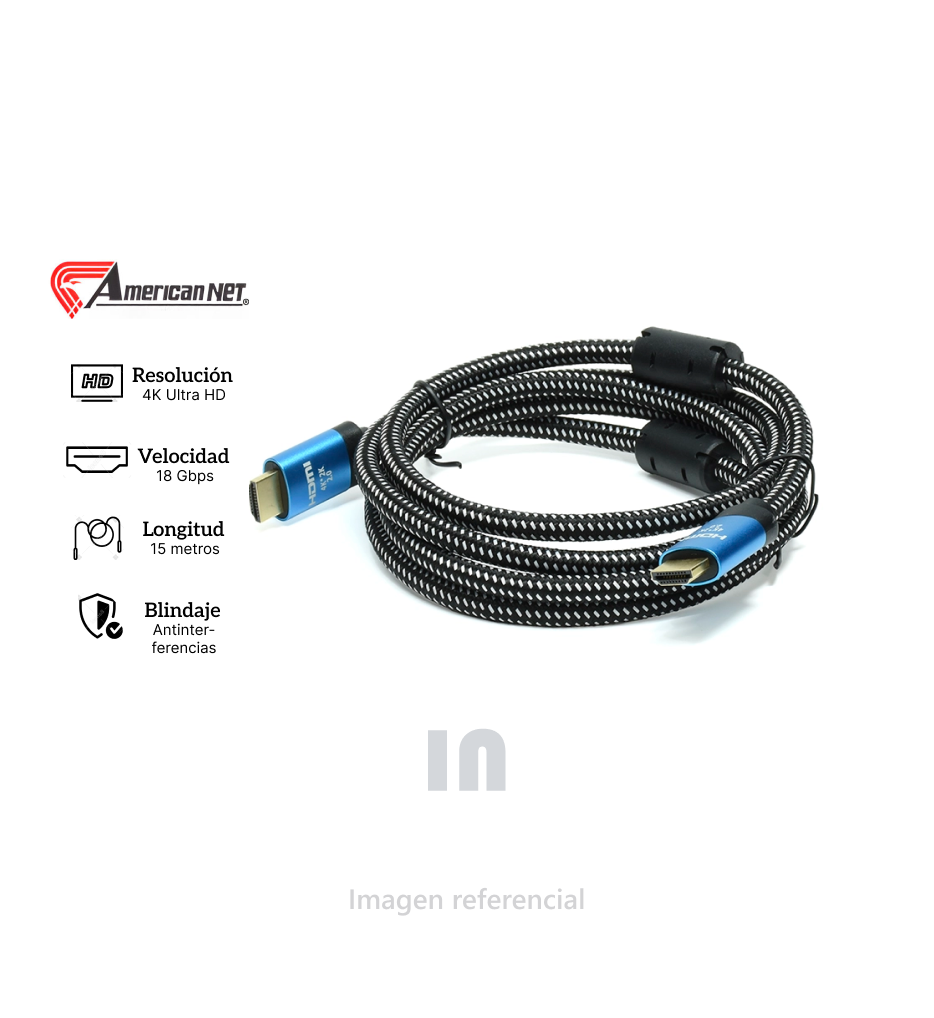 CABLE HDMI VERSIÓN 2.0, 4K- 3D, 15M, 2160P, CABLE TRENZADO METALICO, PRESENTACION EN CAJA, NEGRO.