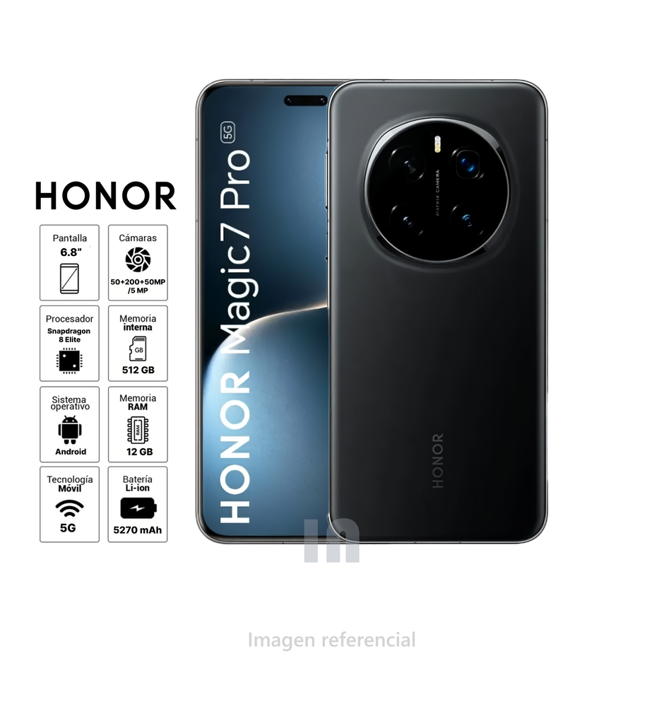 Smartphone honor magic 7 pro, 6.8 pulg, procesador Qualcomm Snapdragon 8 Elite, ram de 12gb, rom de 512gb, cámara posterior de 50mp, 200mp, 50mp, frontal de 50mp, batería de 5270 mAh.