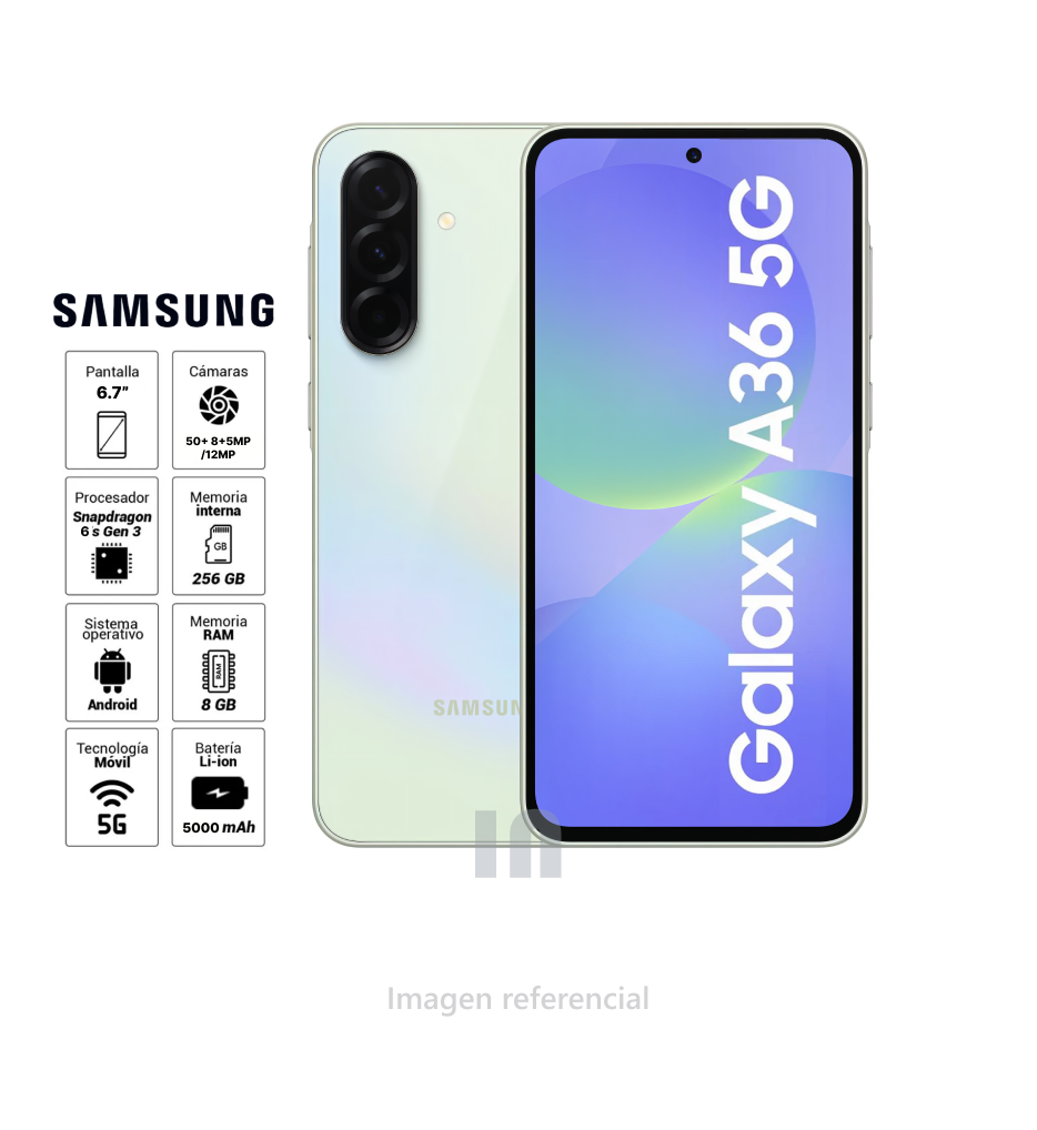 Samsung Galaxy A36 5G, 8GB RAM, 256GB ROM, pantalla 6.7", resolución 1080 x 2340, batería 5000 mAh.