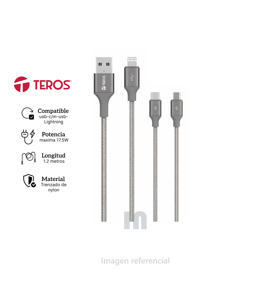 Cable de carga 3 en 1 TEROS TE-70210W, USB a Tipo C/Lightning/Micro USB, 17.5W Máx, gris.