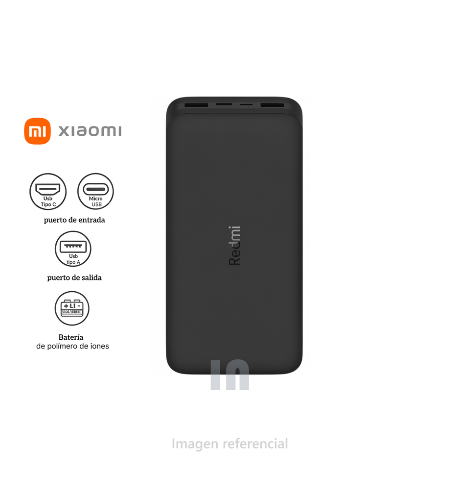 Power Bank Xiaomi Pb200lzm (Vxn4304gl) Negro, Carga Rapida, Usb-c A Usb, 2 Salidas Usb + Usb-c, 20000mah.