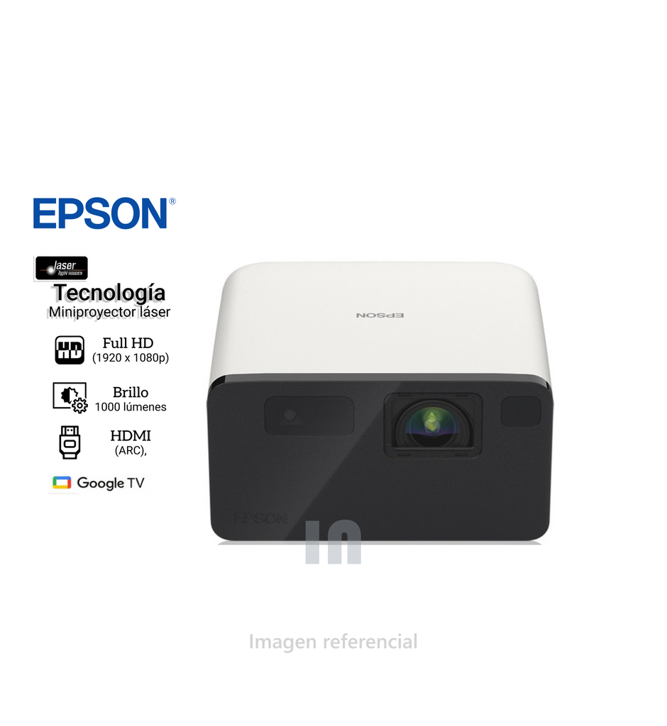 Epson EF-21W, miniproyector láser, 1000 lúmenes, pantalla de hasta 150 pulgadas, Google TV™ y altavoz Bluetooth, portátil.