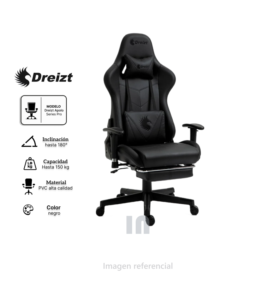 Silla Gamer Dreizt Apolo Series Pro 180° Reclinable Alta Calidad con Posapies, almohadillas removibles, ergonomica.