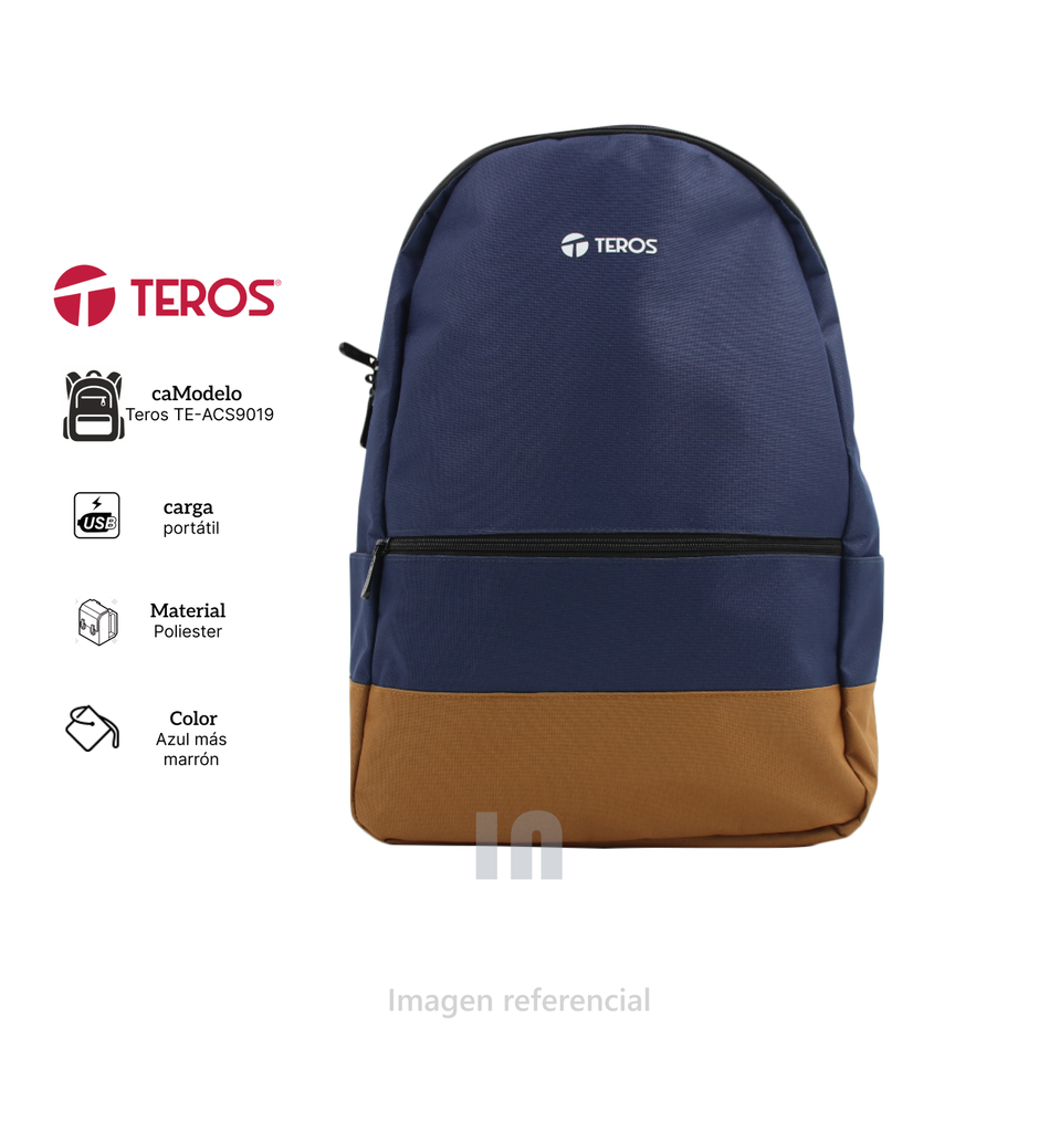 Mochila TEROS TE-ACS9019, poliéster, diseñada para portátiles de hasta 15.6", Azul + Marrón