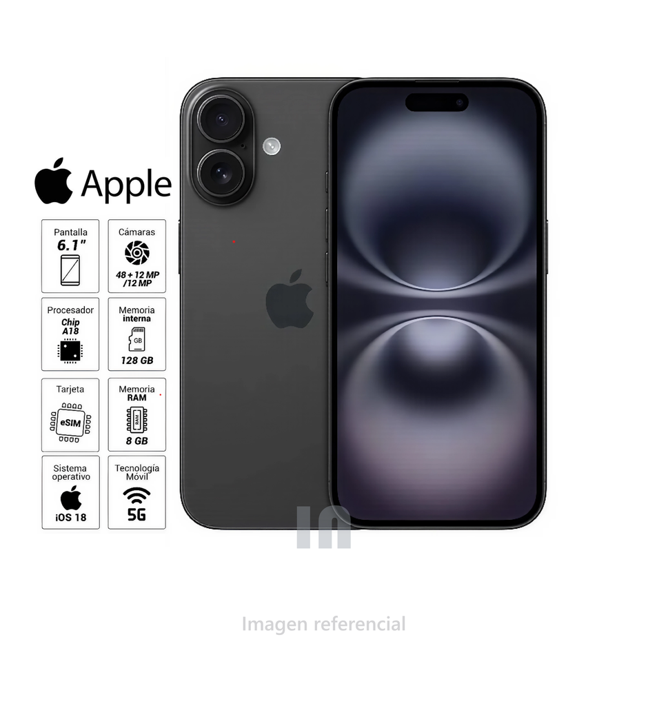 iPhone 16 eSIM 5G 128GB, 8GB RAM, cámara principal 48MP + 12MP, frontal 12MP, 6.1".