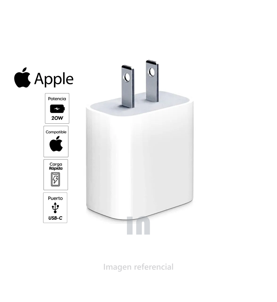 Cargador de pared Apple tipo USB Tipo-C, 1 puerto, 20W, blanco.