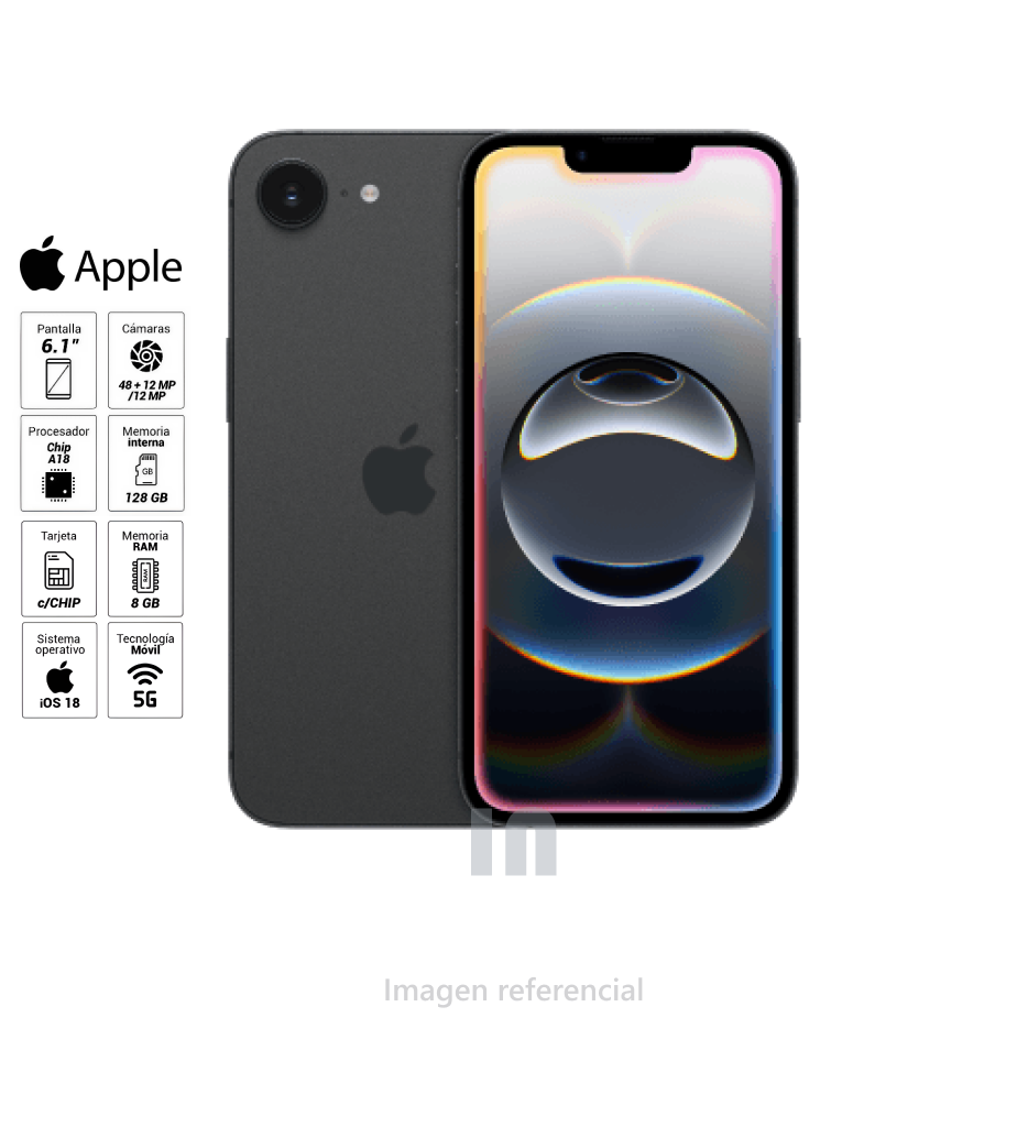 iPhone 16e 5G 128GB, 8GB RAM, cámara principal 48MP, frontal 12MP, 6.1".