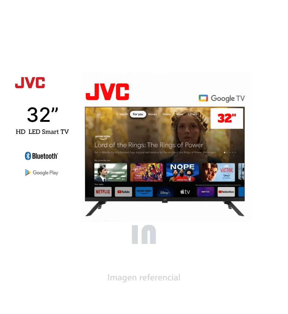 Televisor JVC LED 32" HD Google TV, LT-32KM148 con Dolby Audio, procesador RTK2841, Wi-Fi, bluetooth, puerto hdmi.