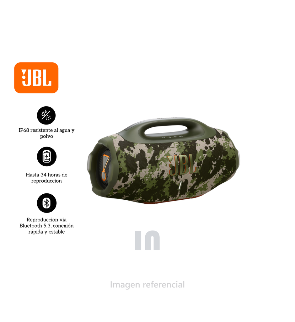 Parlante bluetooth JBL Boombox 4 portátil, potencia 210W, resistente al agua IP68, hasta 34 horas de reproducción, squad.
