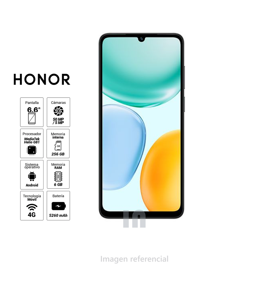 Celular Honor X5C Plus 4G, procesador MediaTek Helio G81, pantalla de 6.6", 256GB, 6GB RAM, cámara 50MP + 5MP.