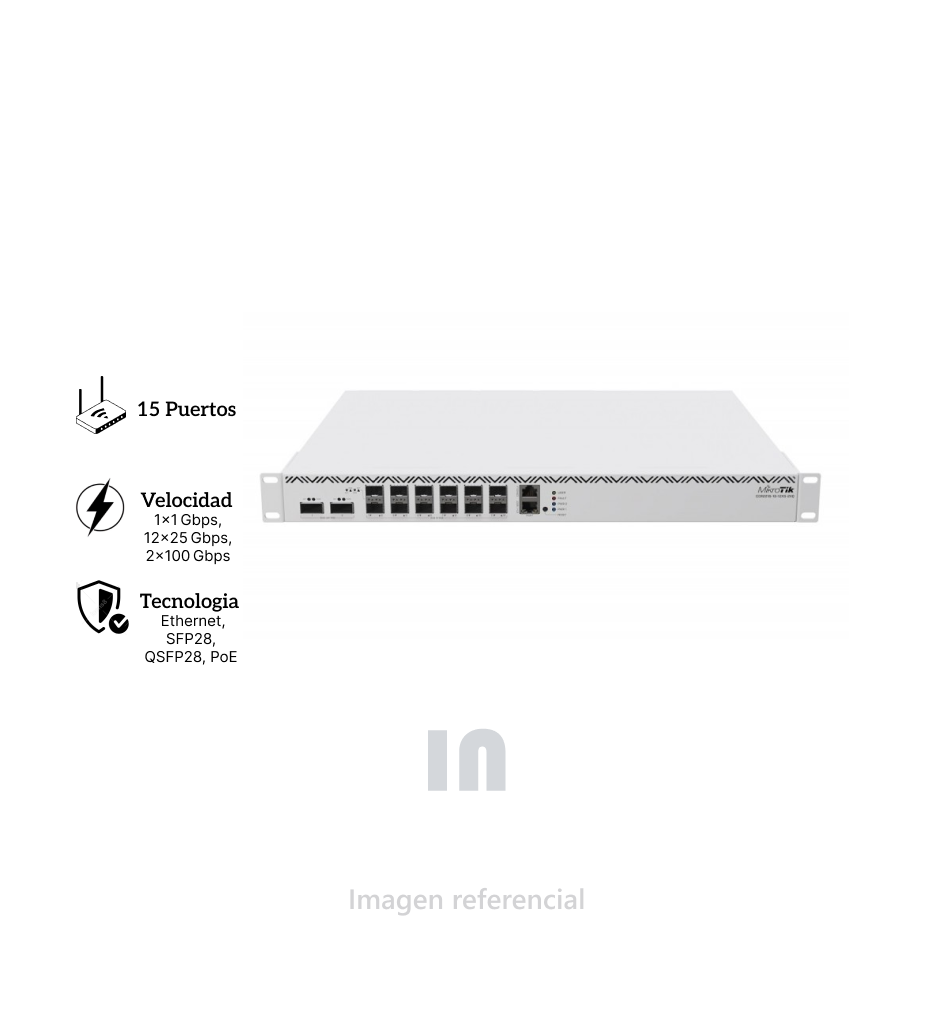 Router Mikrotik CCR2216-1G-12XS-2XQ, interfaz de administración web, Puerto Gigabit Ethernet, soporta PoE en los puertos un puerto SFP para fibra óptica