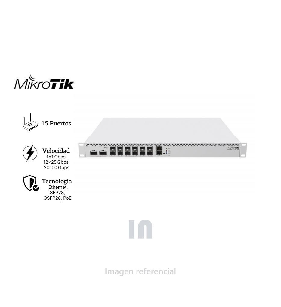 Router Mikrotik CCR2216-1G-12XS-2XQ, interfaz de administración web, Puerto Gigabit Ethernet, soporta PoE en los puertos un puerto SFP para fibra óptica