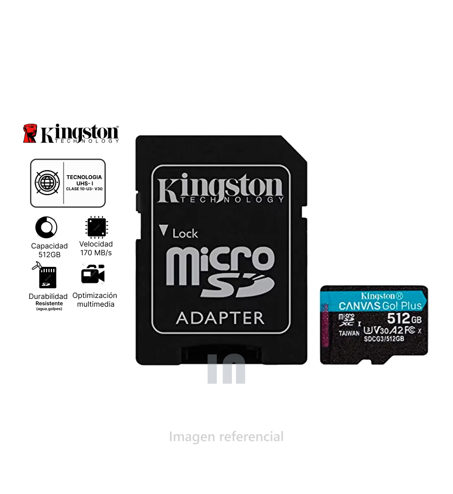 Memoria flash sd kingston sdxc canvas go plus 512gb 200mb/s c10 uhs-i u3 v30.