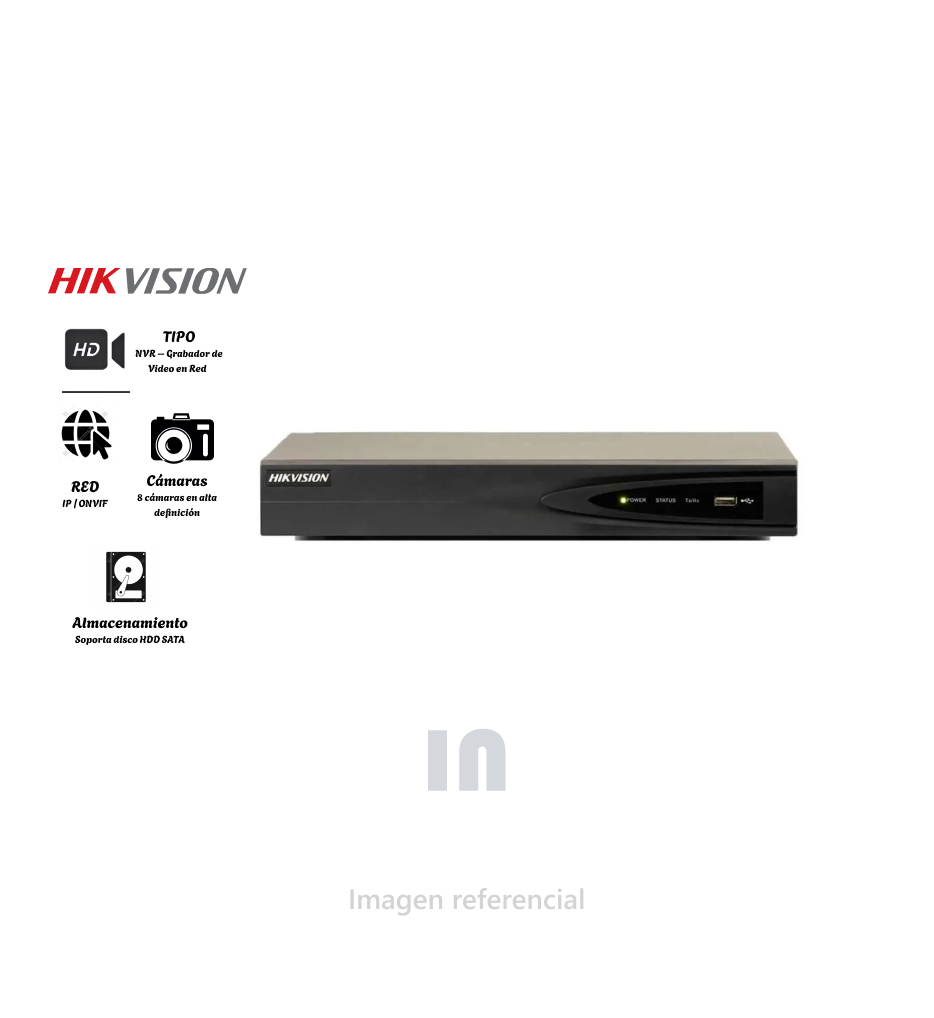 NVR Hikvision DS-7608NI-Q1 de 8 canales, hasta 8MP, 1 SATA, 80 Mbps, negro.