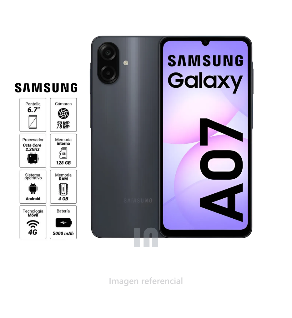 Samsung Galaxy A07 – 128GB, 4GB RAM, Cámara 50MP, Pantalla 6.7” (Negro)