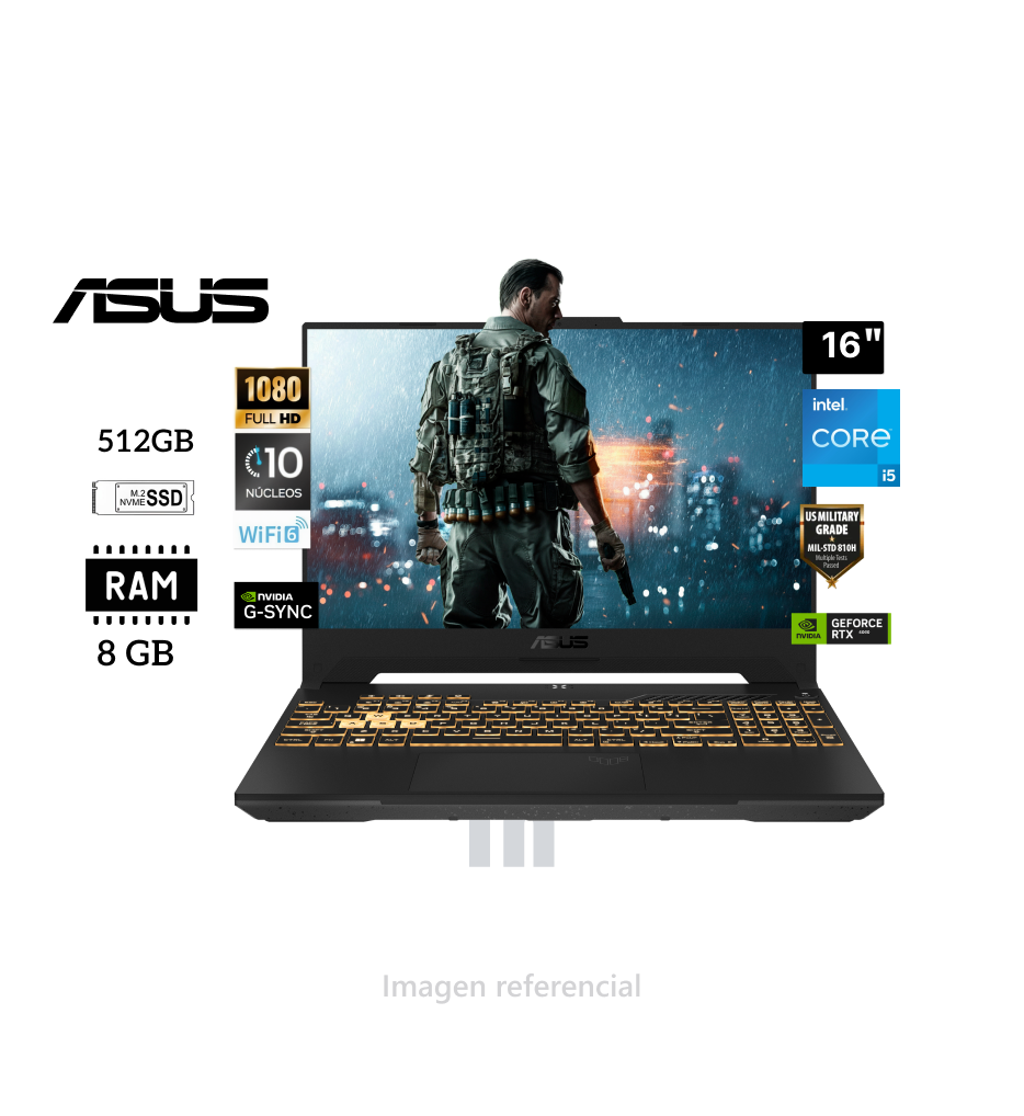 Laptop Asus TUF FX607V-RL016 – 16", Intel Core i5, 8GB RAM, 512GB SSD, RTX 3050, Batería 56Wh
