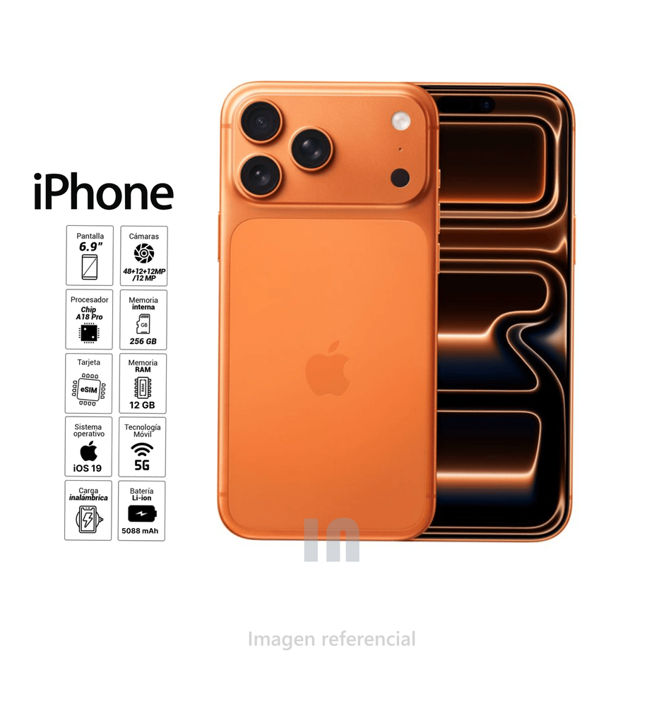 iPhone 17 Pro Max, 6.9", 256GB, 12GB RAM, Cámaras 48MP, 18MP, A19 Pro , 5088 mAh Batería.