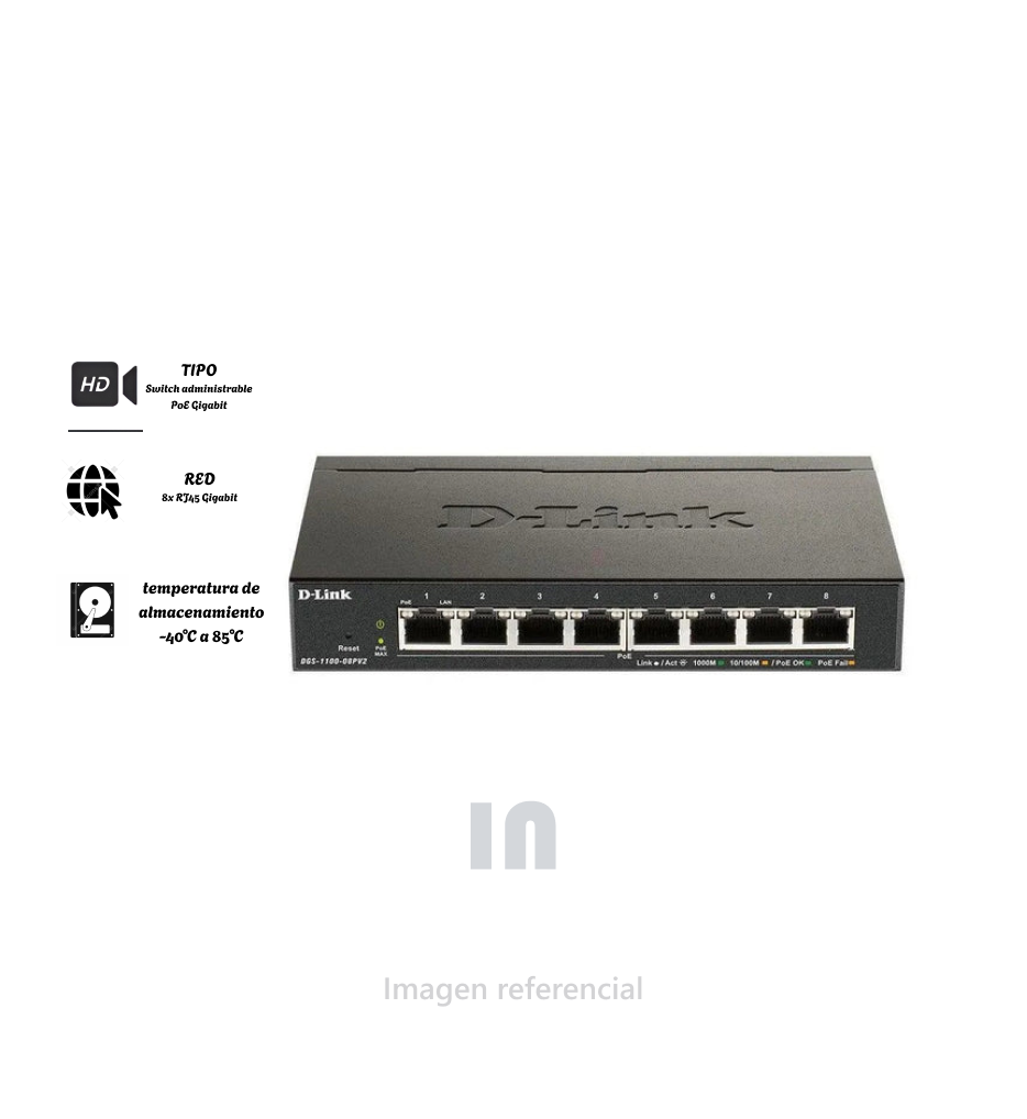 Switch D-Link DGS-1100-08P, Capa 2, 8 puertos RJ-45 LAN GbE, PoE, Auto MDI/MDIX.