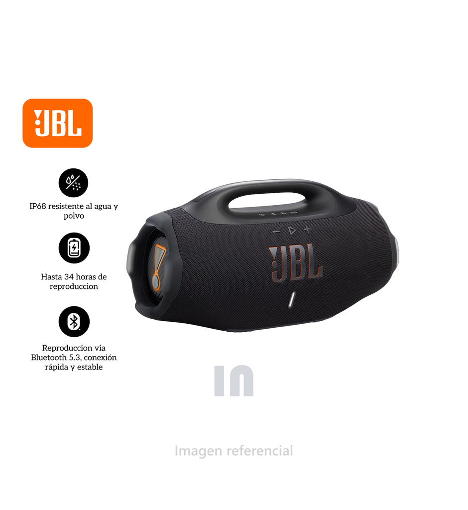 Parlante bluetooth JBL Boombox 4 portátil, potencia 210W, resistente al agua IP68, hasta 34 horas de reproducción, squad.