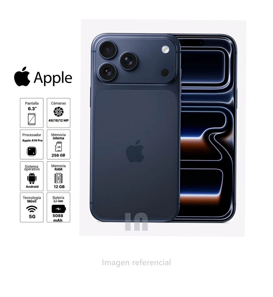 IPhone 17 Pro, 6.3", 256GB, 12GB RAM, Cámaras 48MP, 18MP, A19 Pro , 3988 mAh Batería.