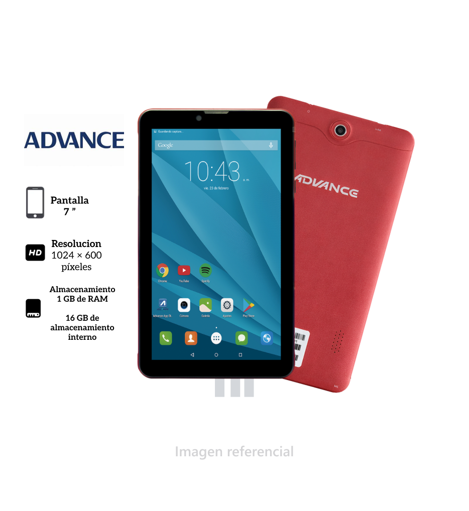 Tablet Advance Prime PR7547, 7”, Android 9 Pie, 4G, Dual SIM, 1 GB RAM, 16 GB, Color Rojo