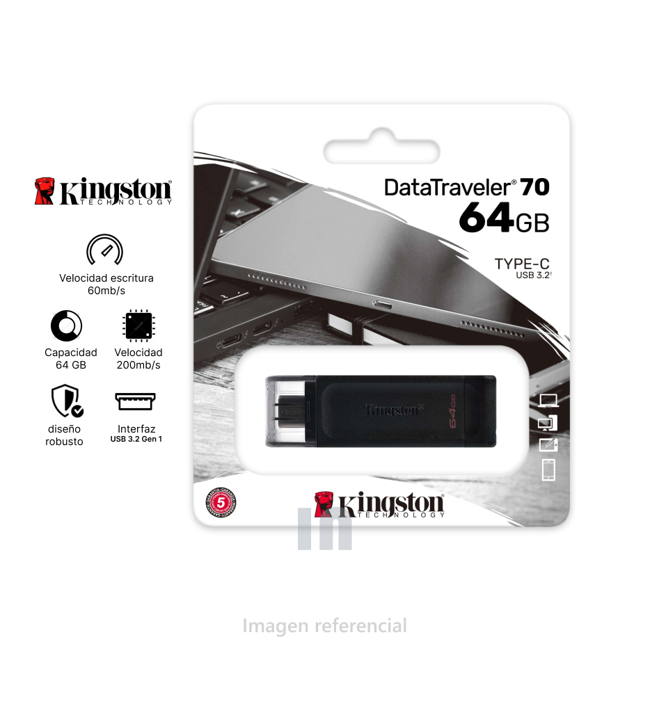 Memoria USB Kingston DataTraveler DT70, 64GB, USB-C 3.2 Gen 1, Transferencia Rápida, Presentación en Colgador