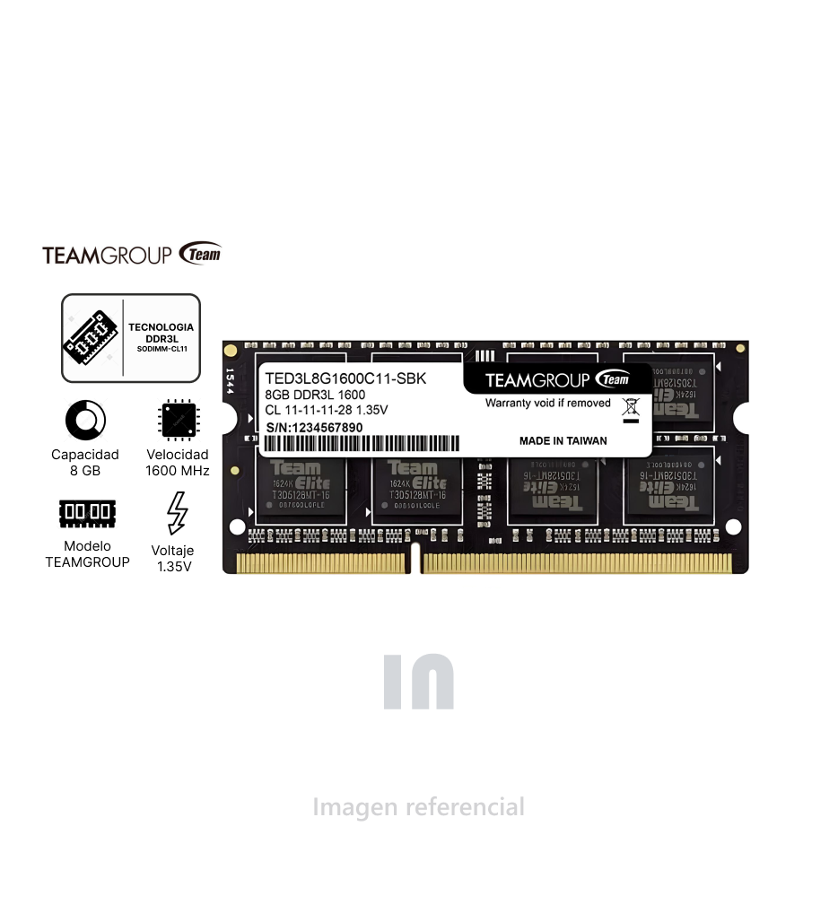 MEMORIA RAM TEAMGROUP, 8GB, DDR3L, SODIMM, 1600MHZ, CL11-11-11-28, 1.35V.