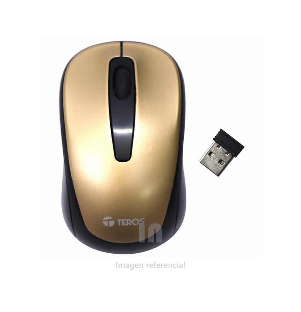 MOUSE OPTICO INALÁMBRICO TEROS TE5034, 1000 DPI, 2 BOTONES, RECEPTOR USB, COLOR DORADO.