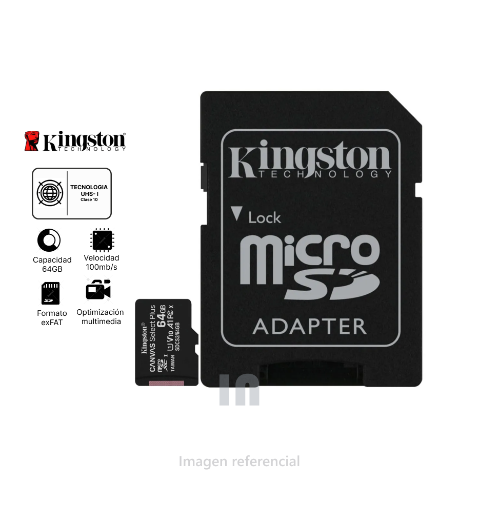 TARJETA MICRO SD KINGSTON CANVAS SELECT PLUS, SDCS2/ 64GB CLASS 10 CON ADAPTADORA SD.